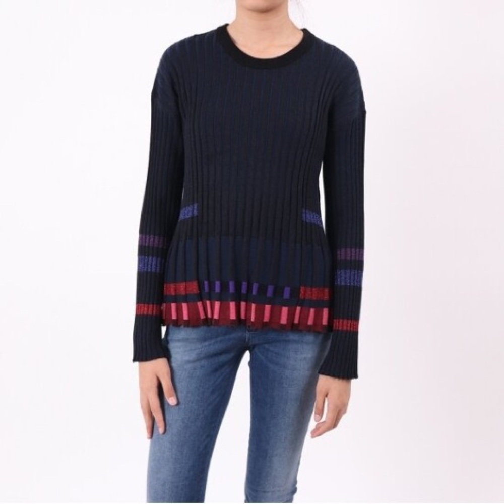NWT Kenzo Pleated Crewneck Wool Blend Sweater Purple Blue Ribbed Sz S